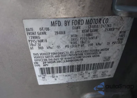 2008 Ford Edge Sel from USA, damaged, VIN 2FMDK38CX8BB09616